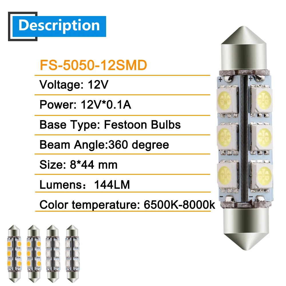 50 шт. 44 мм 12 В 5050 12 SMD светодиодные лампочки 12 В 144LM купольная автомобильная лампа для чтения потолка Pate номер лампа белый синий красный зеленый Янтарный