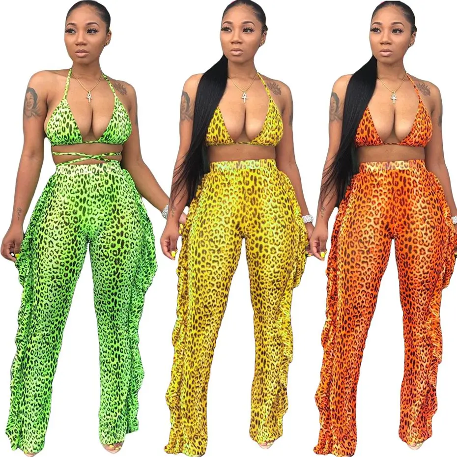

HAOYUAN Neon Leopard Print Women Two Piece Outfits Festival Clothing Crop Top and Ruffle Pant 2 Piece Sexy Club Matching Sets