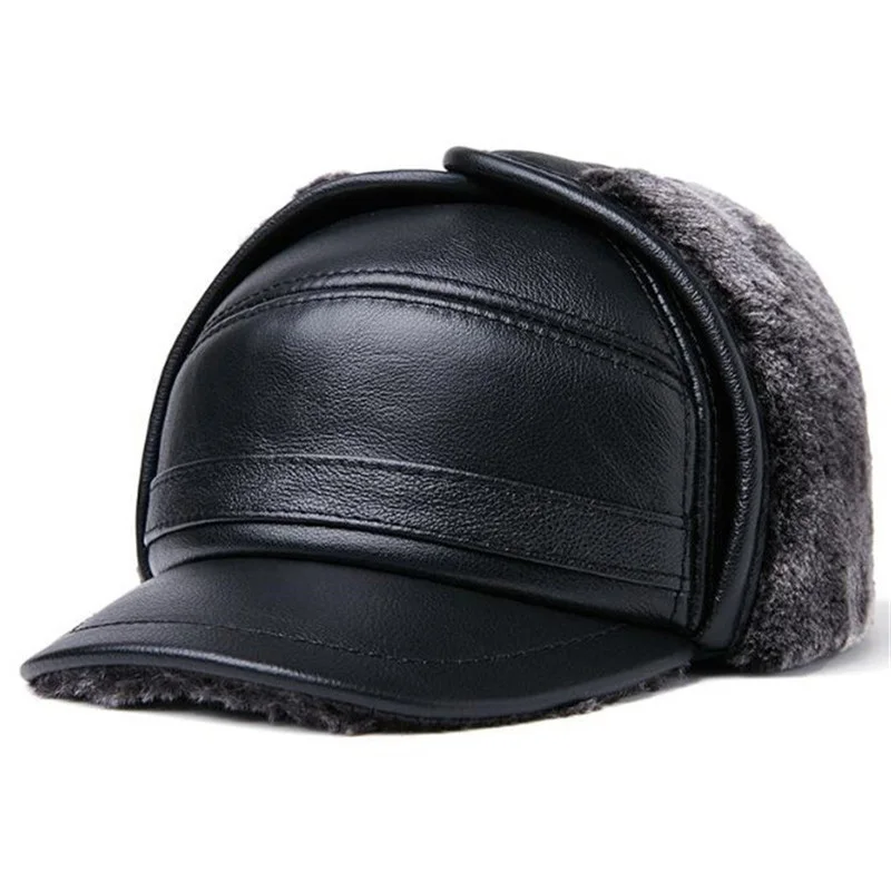 GREENYU Brand Genuine Leather Bomber Hat Men's Thick Warm Outdoor Earmuffs First Layer Cowhide Leather Hat Fur Hats For Man - Цвет: HC012-6A