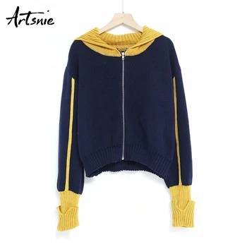 

Artsnie autumn 2019 patchwork cardigans sweater women hooded long sleeve jumpers knit streetwear zipper crop sweaters mujer