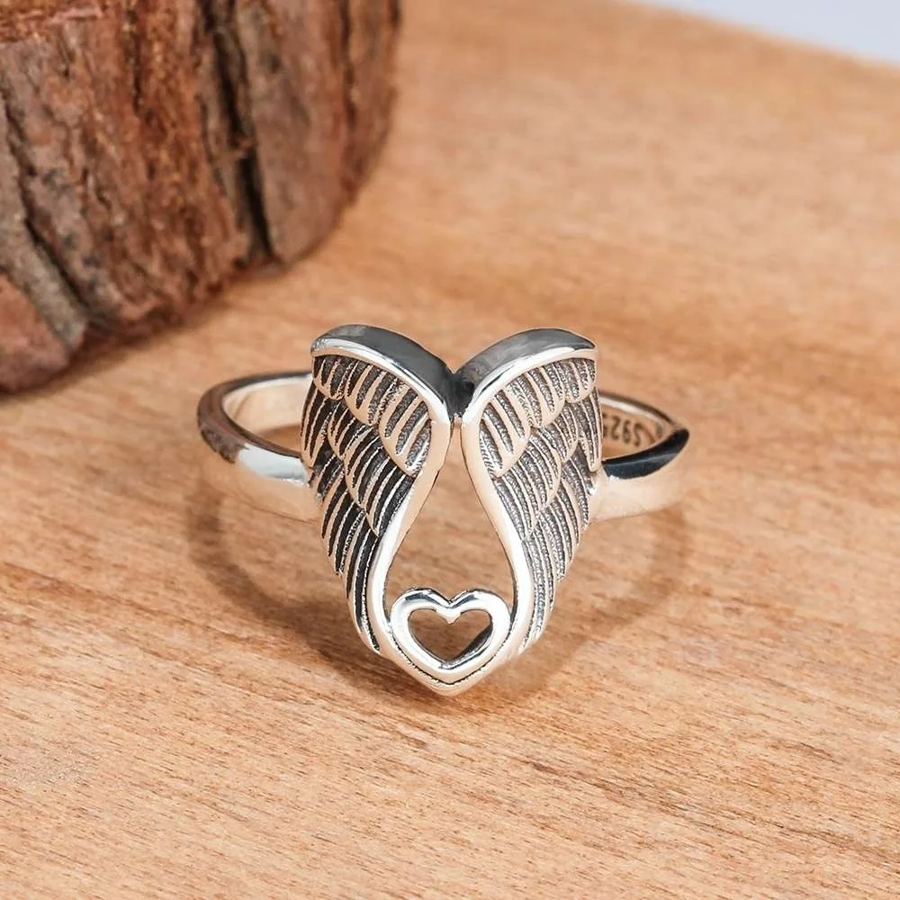 

Vintage Silver Color Angel Wings Hollow Heart Wedding Rings Antique Women's Rings Anniversary Jewelry Lover's Gifts Accessories