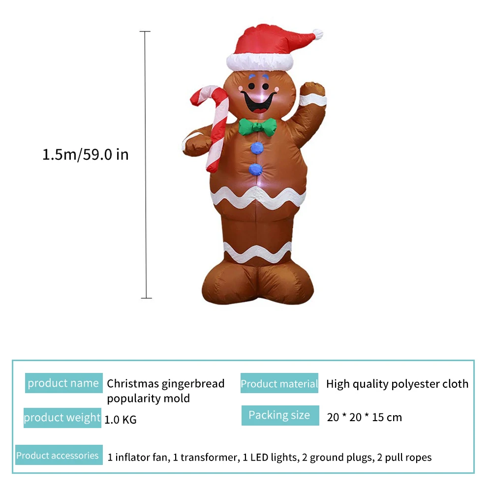 Christmas Inflatable Holiday Time Blow Up Gingerbread Man Air Blown Decor with LED Chrismas Prop Indoor Outdoor Lawn Yard Party