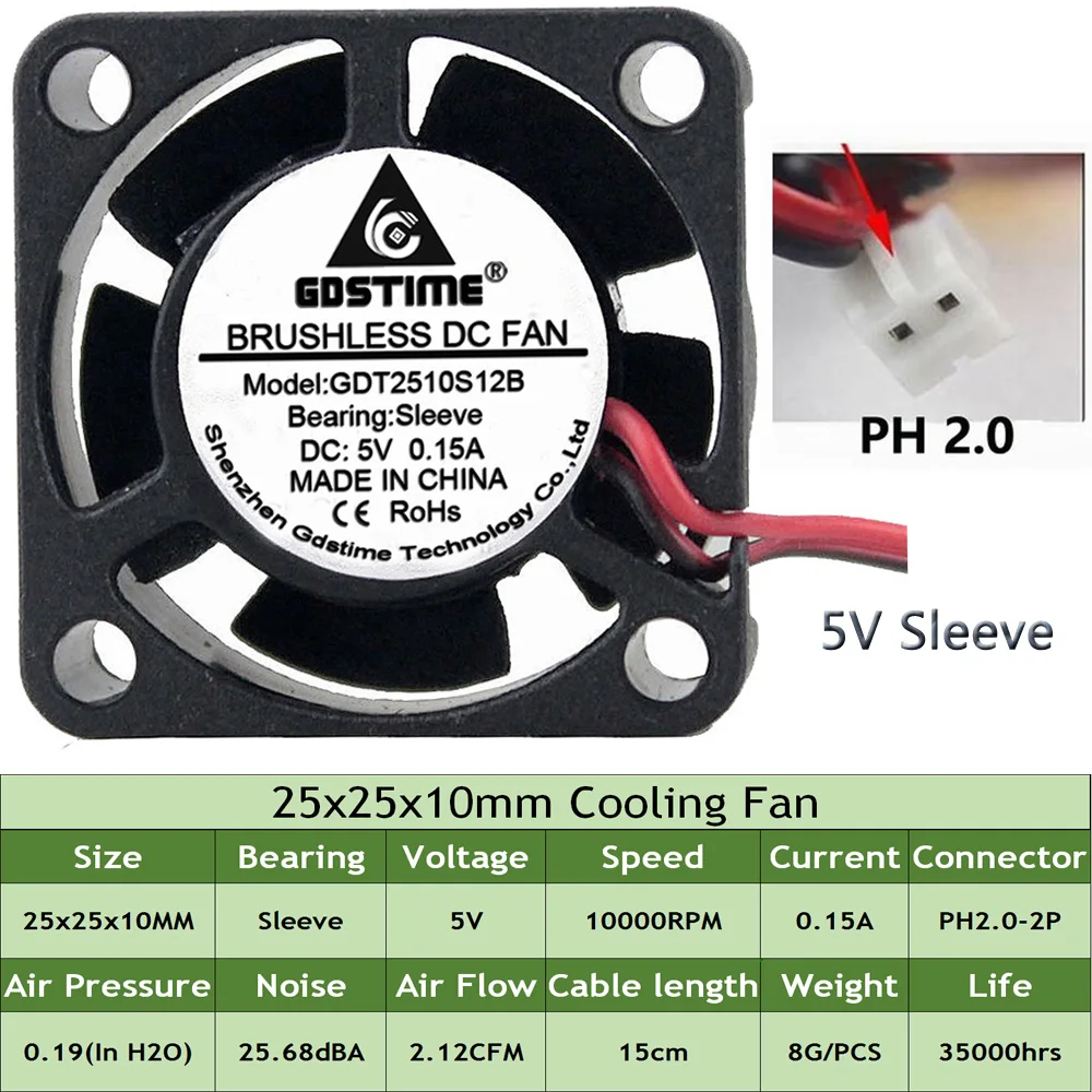 GDSTIME 10 шт. охлаждающий вентилятор постоянного тока 2510 с фокусным расстоянием 25 мм с 2pin для принтера 5 В, 12 В, 24 В постоянного тока, кулер несколько вариантов вентилятор - Цвет лезвия: 5V 2P PH2.0