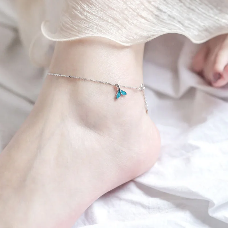 Amaiyllis s925 Sterling Silver Blue Fishtail Anklet Simple Temperament Bracelet Anklet 2020 Bracelet On Leg Foot Beach Jewelry Amaiyllis s925 Sterling Silver Blue Fishtail Anklet Simple Temperament Bracelet Anklet 2020 Bracelet On Leg Foot Beach Jewelry