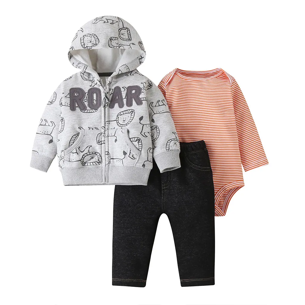 Baby Boy Clothes Set long sleeve letter+cartoon animal print hoodies+stripe romper+pant 2021 Baby Girl Outfit 6-24M