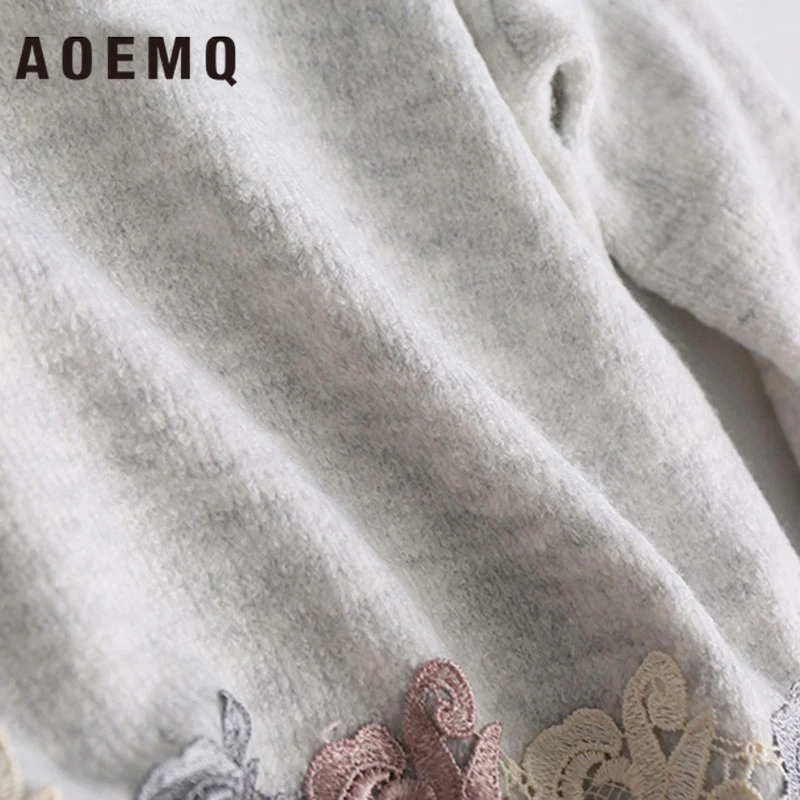 AOEMQ корейский свитер однотонный серый с цветочной вышивкой принтом Весенняя