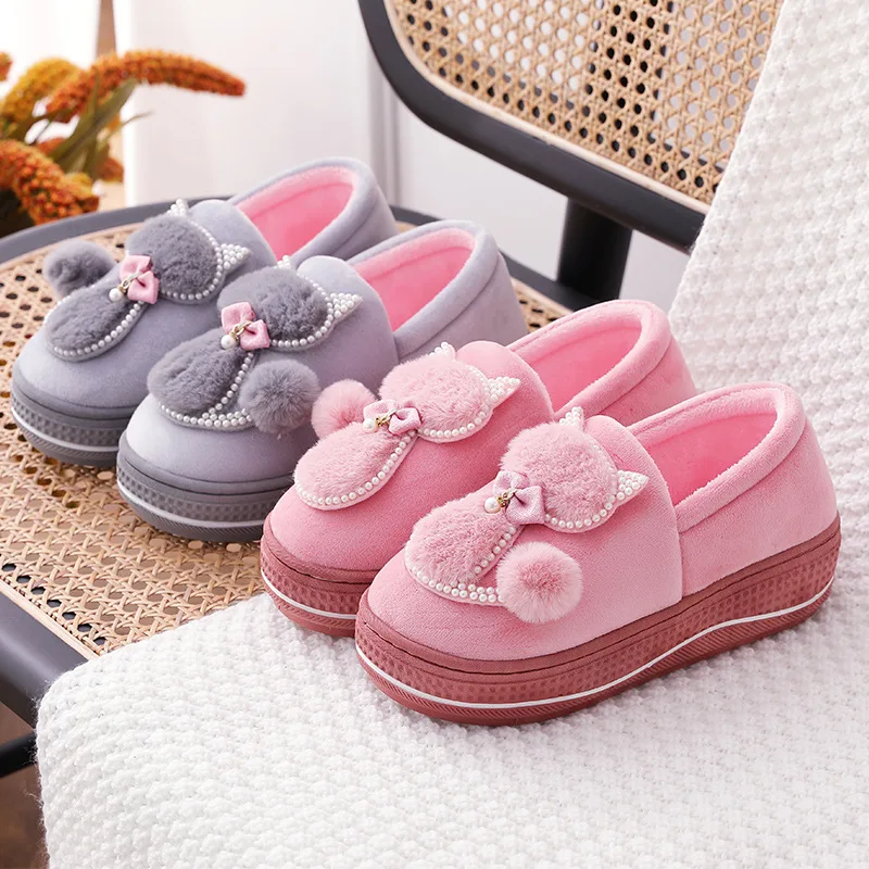 Pearl Winter Felt Slippers Women Indoor Home Shoes Warm Soft Platform Shoes Furry Slides Cotton Home Shoes Floor Slipper Snow