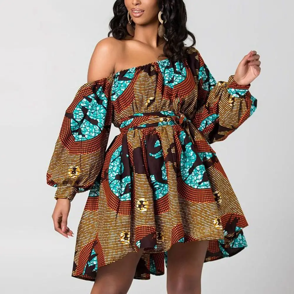 Opslea, Африканское мини-платье с рукавами-фонариками и покатыми плечами для женщин, Дашики, летнее платье с принтом, Асимметричное мини-платье Vestidos, одежда