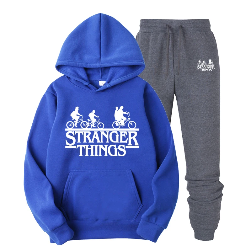 

2019 HOWLLOFTY Men's Fashion Hoodies Set Suits Hit dark gray pants STRANGER THINGS black print Mens Track Set Men Clothes Suit