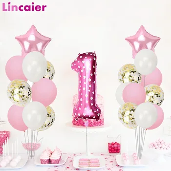 

21pcs Pink Foil Number Balloon Confetti Latex Air Balloon 1st Birthday Party Decorations First Baby Baby Girl Boy My 1 One Year
