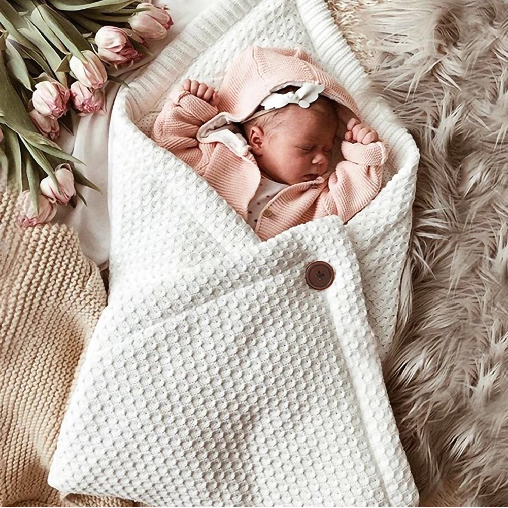 

Newborn Baby Winter Sleeping Bags Infant Button Cute Soft Knitted Crochet Hooded Baby Toddler Blanket Swaddling Wrap Sleepsack