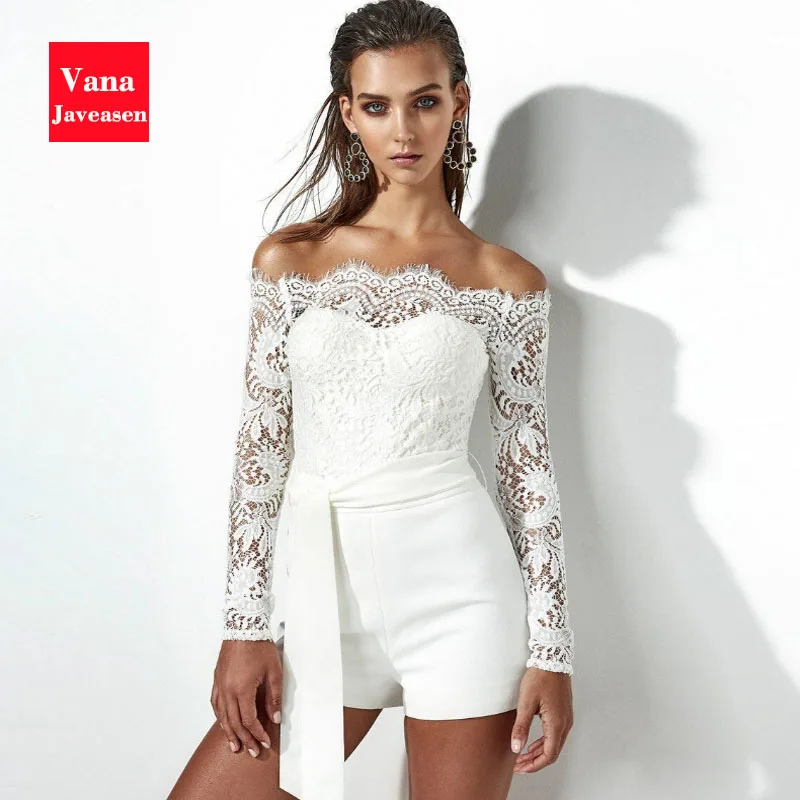 Vana Javeasen Elegant Lace White Women Playsuits Hollow Out Slash Neck Female Jumpsuit Sexy Off The Shoulder Party Boho Playsuit - Цвет: Белый