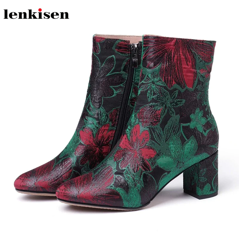 

Lenkisen new oriental fame style Jacquard satin high heels round toe embroidery zipper winter women warm vintage ankle boots L2d