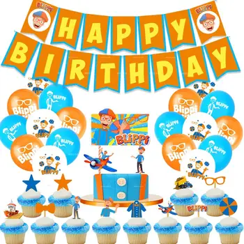

new Blippi Birthday Party Decoration Party Supplies Disposable Paper Cups Plates Banner Straw Kids Toys Boy Balloon Baby Shower