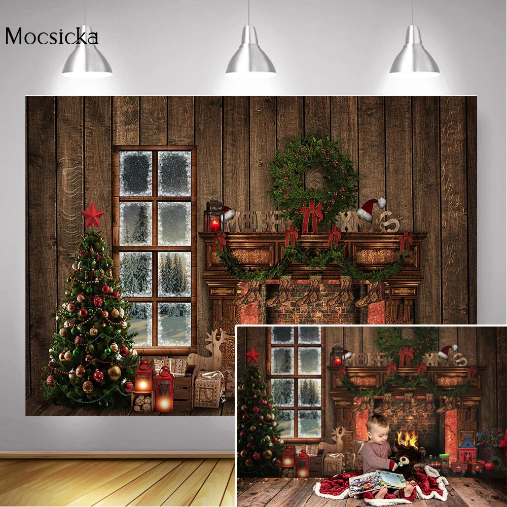 

Fireplace Window Photography Background Xmas Winter Portrait Art Backdrop Toys Gifts Sock Wreath Christmas Trees Photo Studio