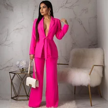 Женские офисные женские комплекты из двух предметов, сексуальный блейзер с зазубренным воротником и бабочкой, пальто и широкие брюки, элегантные деловые брючные костюмы