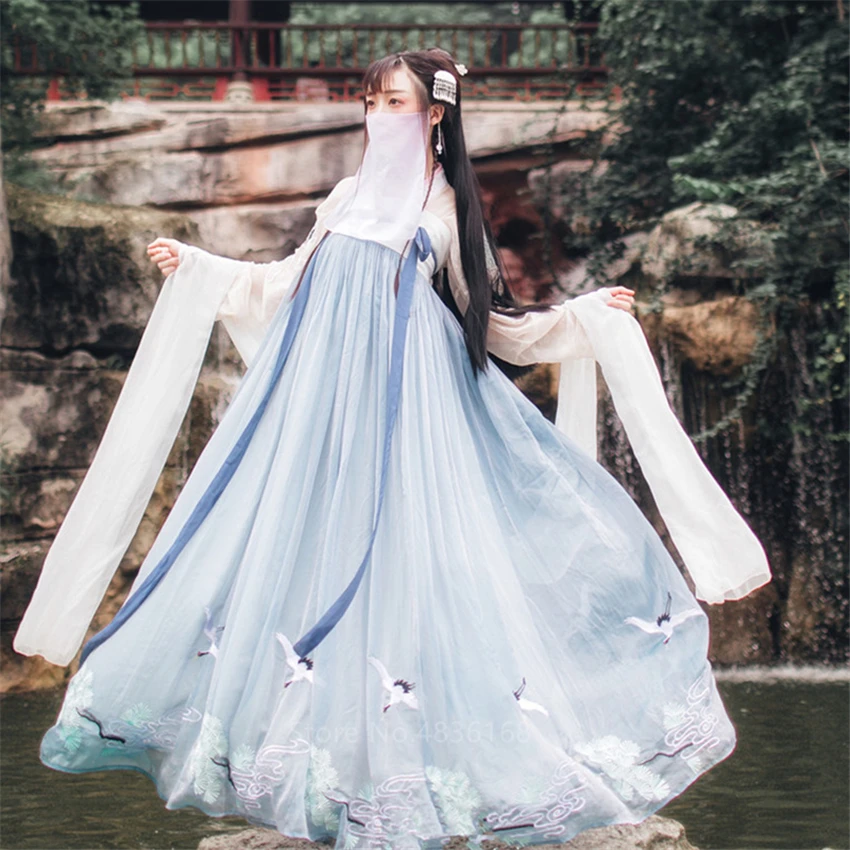 Hanfu платье для женщин Фея Традиционный китайский национальный костюм журавль принт Винтаж Новогодняя одежда народный танец китайская принцесса косплей