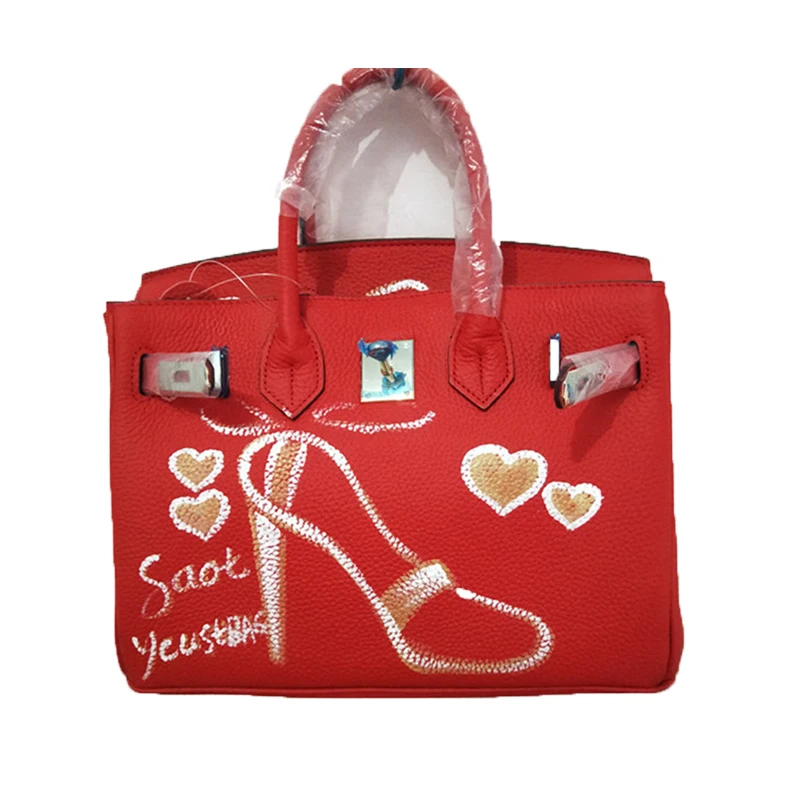 

Custom Handpainted Graffiti Paintings High Heels Pattern Red leather briefcases for women Genuine Leather 30CM Birthday Present