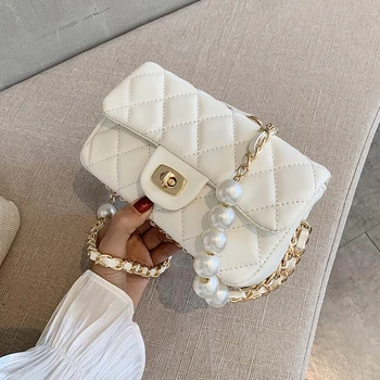 

Quilted Pearl Chain PU Leather solid Color Crossbody Bags For Women 2020 Fashion Small Shoulder Bag Female Handbags And Purses