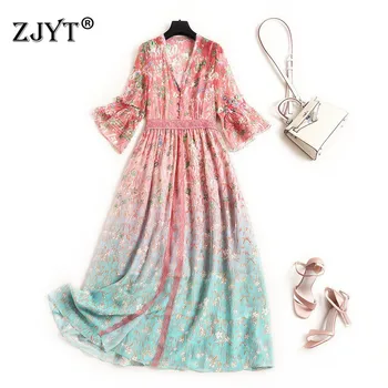 

100% Real Silk Dress Women High Quality Summer Designers V Neck Flare Sleeve Gradient Floral Print Bohemian Dress Vestidos