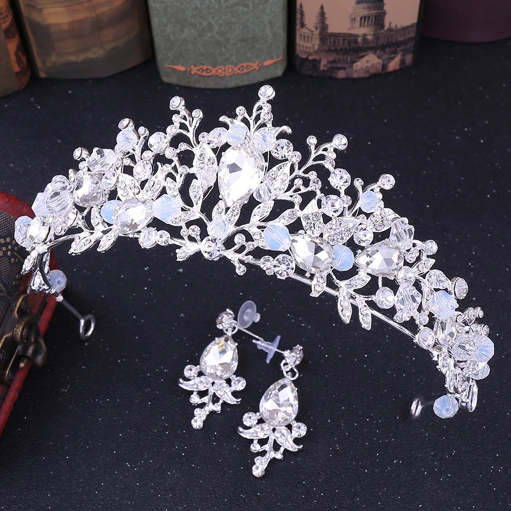 1Pcs Crown Роскошные бусины-стразы в форме листа свадебные комплекты ювелирных изделий кубический циркон Корона ожерелье Тиара серьги набор свадьба африканская бижутерия набор - Окраска металла: 1Pcs Crown