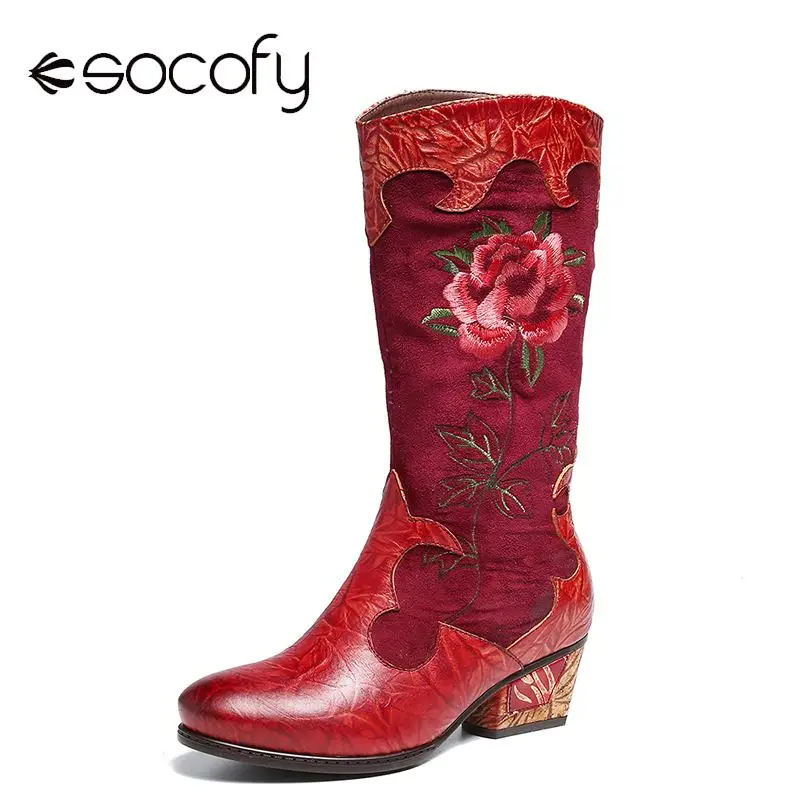 Comprar SOCOFY botas bordadas Retro Rosa cuero genuino costura tacón bajo botas de media pantorrilla zapatos de Mujer botas Mujer 2019