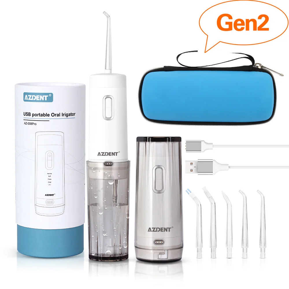 generation 2 gray AZDENT беспроводной Оральный ирригатор портативный водный зубной Флоссер с чехол для путешествий перезаряжаемый аккумулятор 4 режима Чистка носа 5 струйных наконечников - Цвет: generation 2 gray