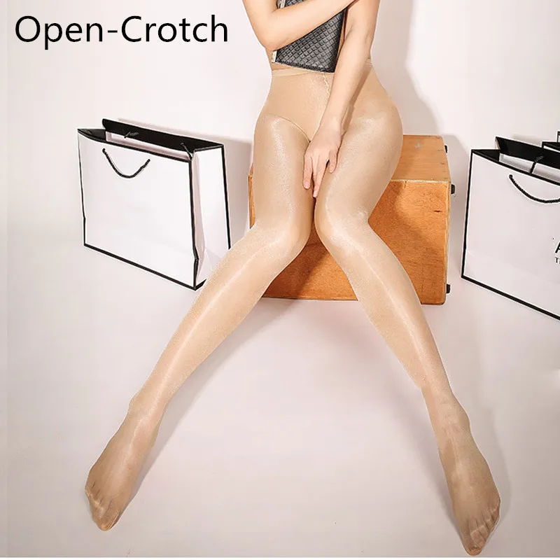 Высокие эластичные сексуальные блестящие женские колготки с вырезами, пикантные обтягивающие чулки, женские сексуальные колготки с открытой промежностью - Цвет: Beige Open Croth
