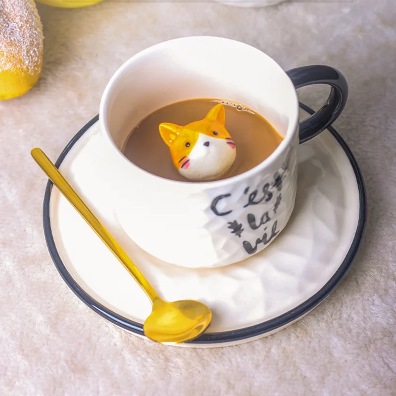 Cartoon relief ceramic cup small animal Mug cat coffee with dish household milk mug mugs cups | Дом и сад