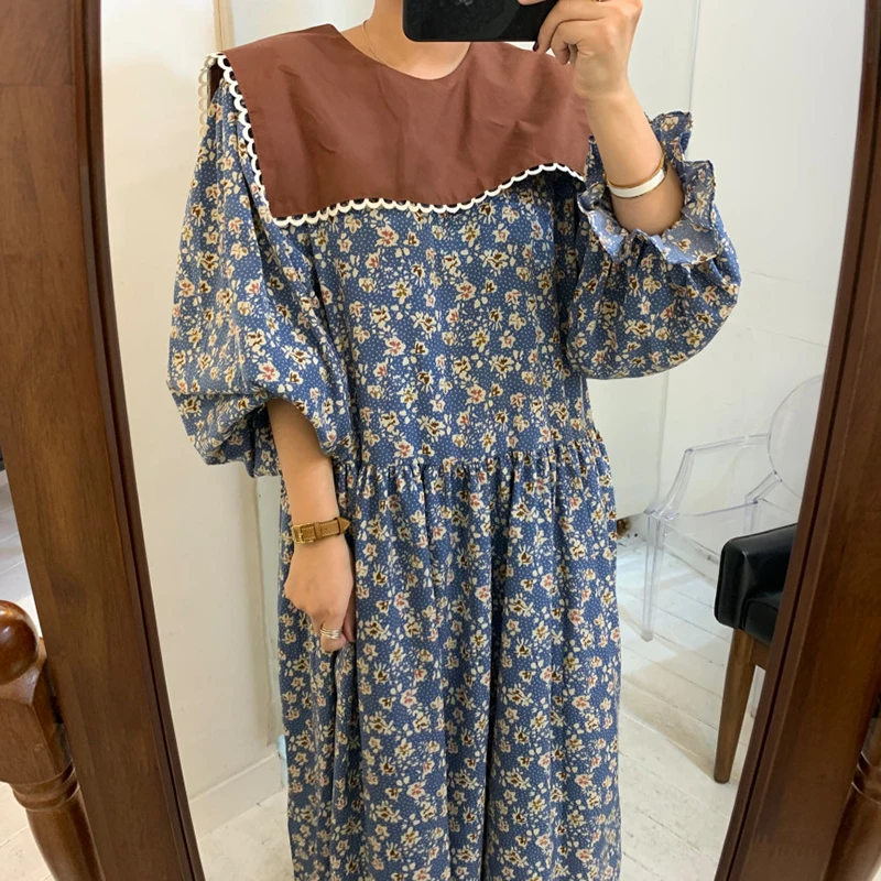 [EWQ] 2020 Spring New Vintage Big Turn-down Collar Lantern Sleeve Plus Size Women Casual Dress Korea Loose Blue Dresses QZ163 | Женская