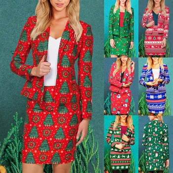 

Christmas Fashion Women's Suit Jacket Skirt Suit Printed Coat Slim-Fit Over-The-Knee Skirt 2-Piece Suit