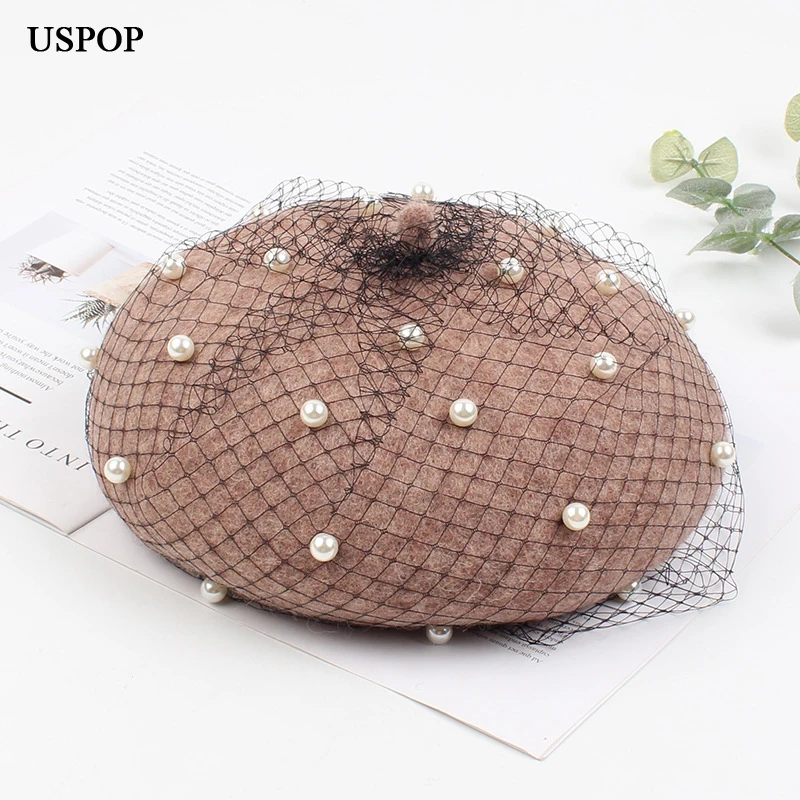 

USPOP 2019 New Berets women wool berets hat vintage mesh yarn pearl beret female thick warm winter hats