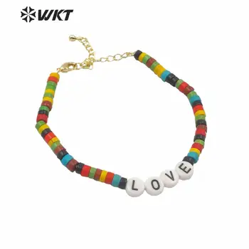 

WT-MPB009 Cheap Price Colorful Bead Bracelet With Letter Resin Charm Lobster Clasp Closure With Extender Chain
