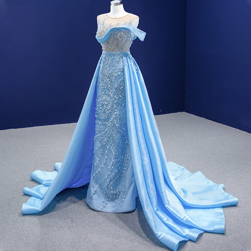 RSM67366 Blue Evening Dress Applique Sequin Sexy See-through Neckline Prom Party Dress Vestido Debutante Vestidos 15 3