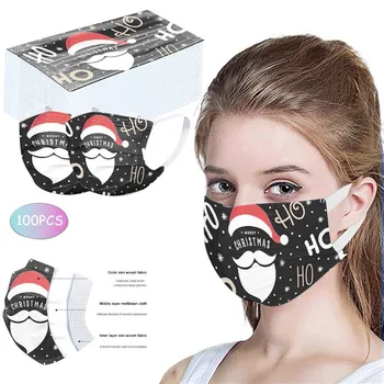 

100PCS Desechable Unisex Printed Christmas Soft Masks For Adults 3-Layer Masks Santa Claus Face Mask Adult Protective mascarilla