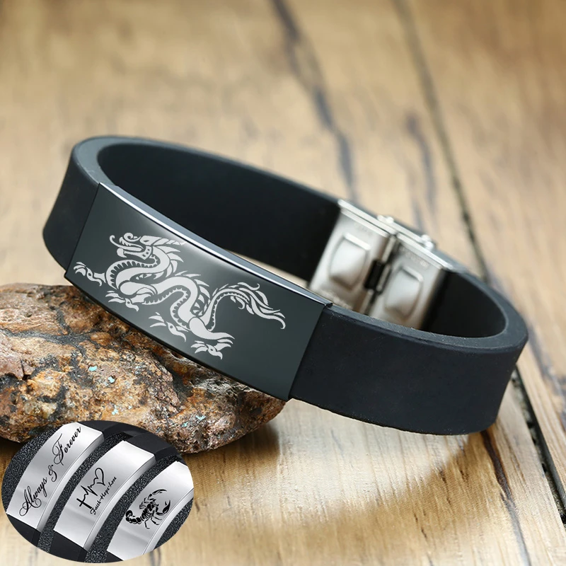 

Personalize Engrave Stainless Steel ID Tag Custom Family BFF Gifts for Him Bracelets for Men with Comfortable Silicone Band