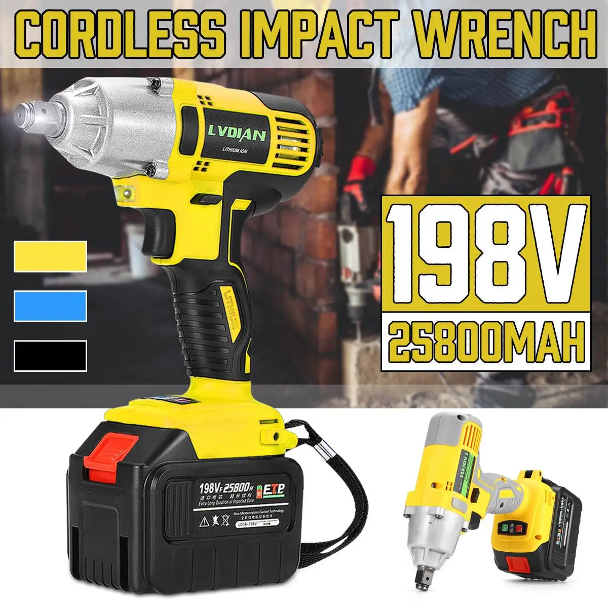 

1/2'' Cordless Impact Wrench Rechargeable Electric Impact Brushless Wrench Kit Hand Drill 198VF 25800mAh Li-battery Power Tools