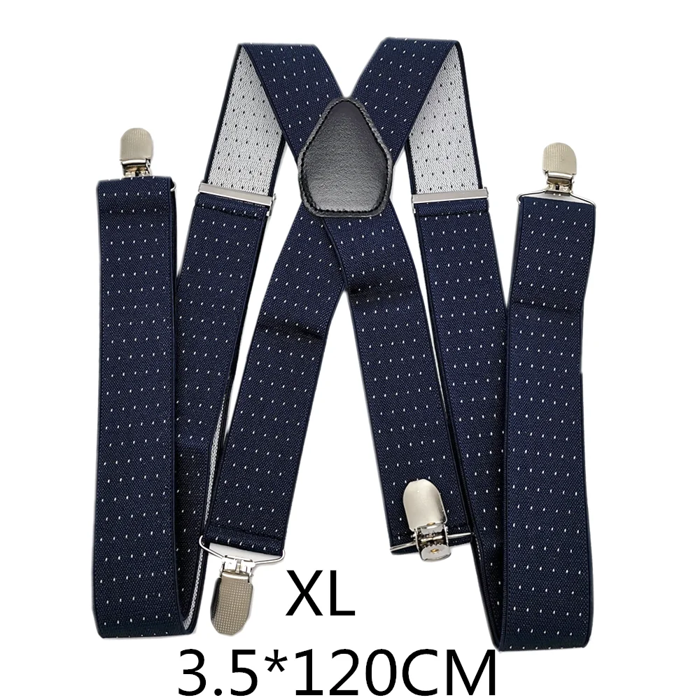 Navy-120cm Кожаный крест, 4 зажима на мужских подтяжках, эластичный регулируемый ремень в горошек, подтяжки для взрослых женщин и мужчин, аксессуары для одежды, лучший подарок - Цвет: Navy-120cm