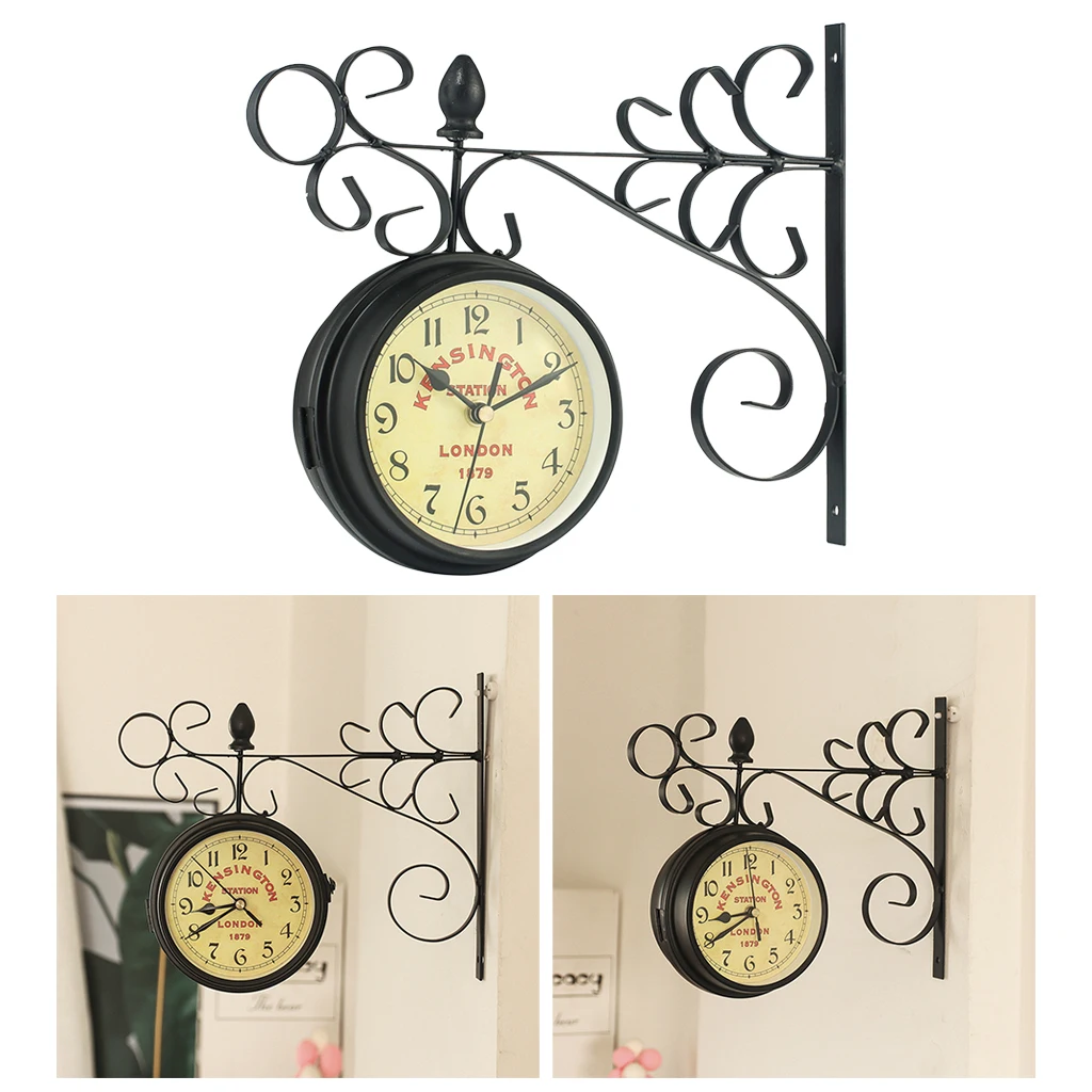 quartz wall clock Vintage Art Design Double Sided Wall Clock Metal Train Station Style Round Clock Brackets Wall Side Mount for Garden Home Living skeleton clock