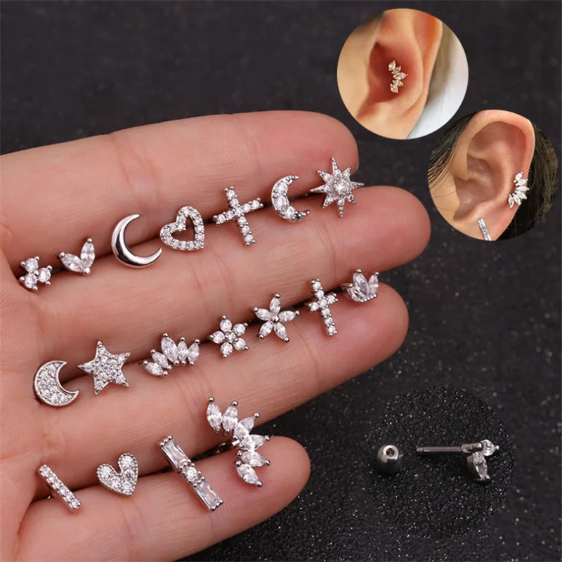 Star Crystal Tragus Cartilage Body Piercing Stainless Steel Ear Stud Jewelry
