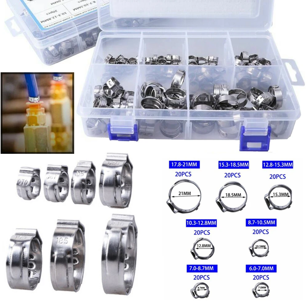 140pcs 304 Stainless Steel Single Ear & Clamp/Ear Hose Clamps Crimping Tool Kit