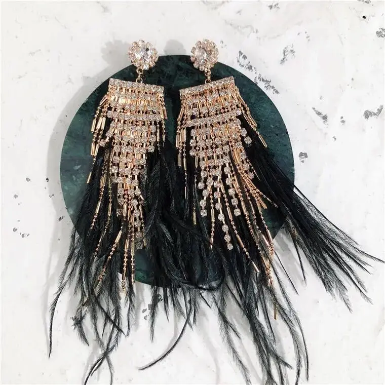 Женские длинные серьги-кольца с перьями Висячие шикарные серьги в форме капли Роскошные ювелирные изделия для вечерние Bijoux 4 цвета