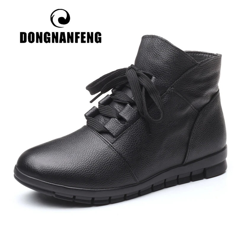 

DONGNANFENG Women's Genuine Leather Female Ladies Woman Shoes Boots Lace Up Plush Fur Warm Winter Autumn Ankle 35-41 GP-KMM001