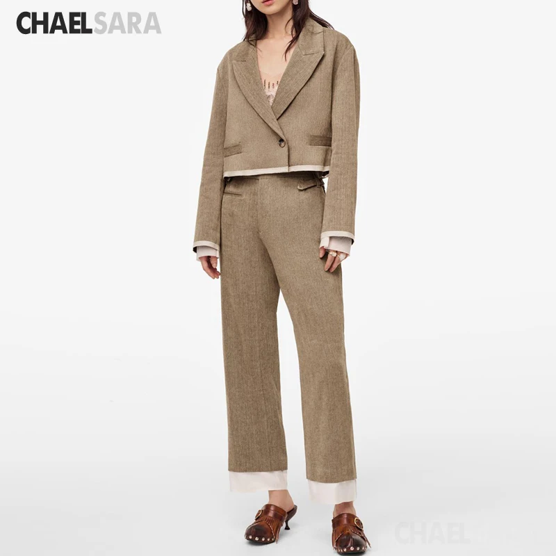 

2020 New Vintage Splice Two Piece Set Women Short Blazer Jacket + Pants Suit Female