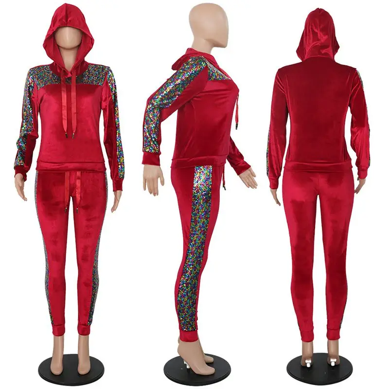 HAOYUAN, осенне-зимняя одежда, Бархатный комплект из двух предметов, женский спортивный костюм с блестками, толстовка с капюшоном+ штаны, спортивный костюм, подходящий велюровый спортивный костюм