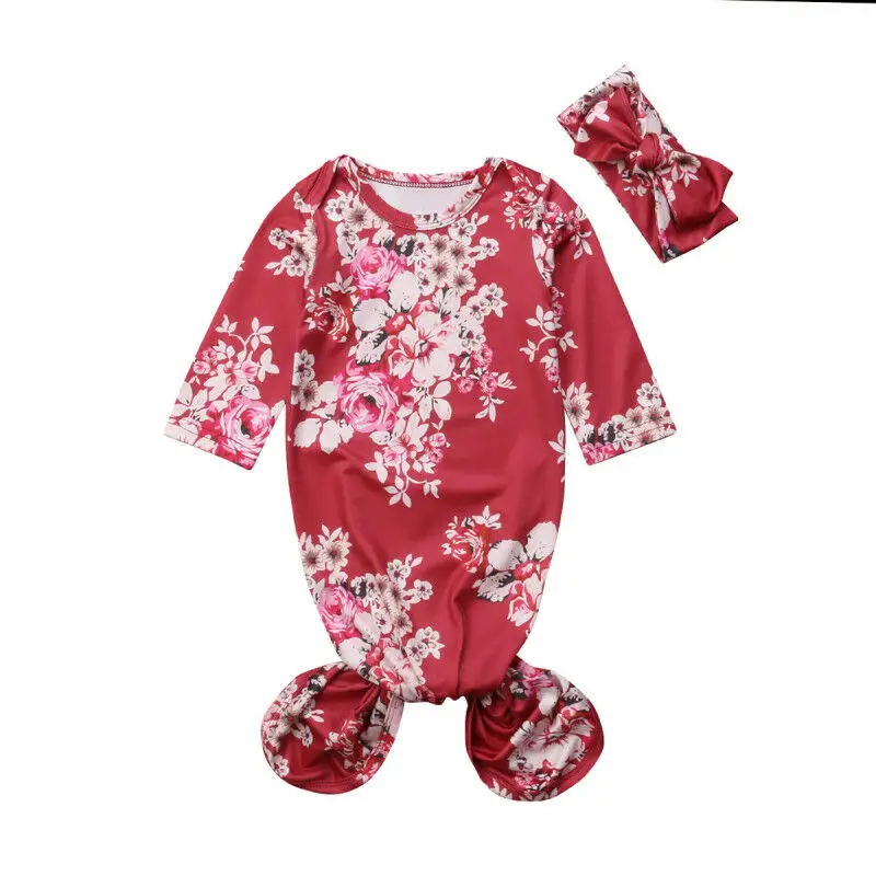 Осеннее хлопковое детское одеяло с цветочным принтом для новорожденных мальчиков и девочек, спальный мешок+ повязка на голову, комплект из 2 предметов - Цвет: Красный