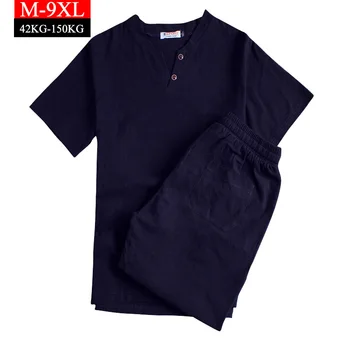 

2020 New Summer Men Set 9XL Casual Loose Short-sleeved T-shirt+Shorts Men's Cotton linen V-neck Two Pieces Sets150 kg wearable