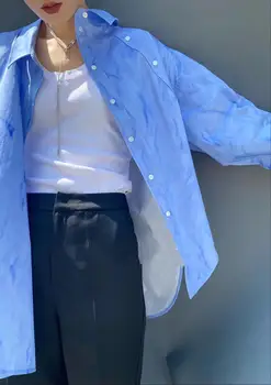 

Luxury Long Sleeve Women Blouses Runway Designer Tops Ladies Office Turn Down Collar Double Breasted Blue Asymmetric Blouse