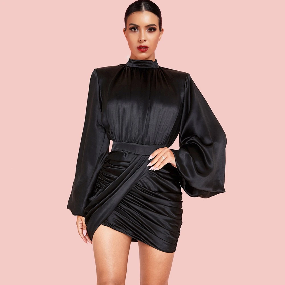 Zwarte Hoge Hals Lange Mouw Mini Gerimpelde Bladerdeeg Mouw Bodycon Jurk HI1113-Black