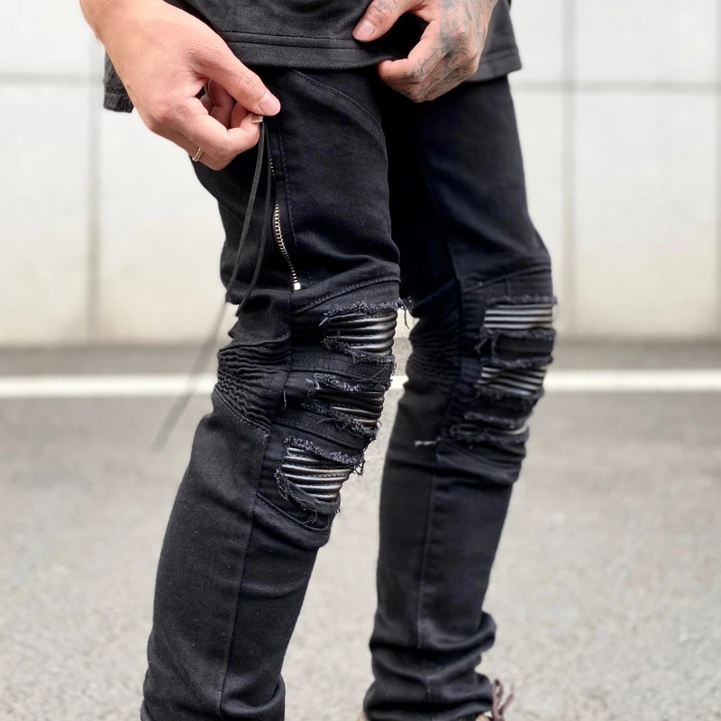 High Street Leather Patch Mens Jeans Wrinkle Wash Water Slim Fit Stretch  Black Jeans Man Motorcycle Pants Ripped Jeans For Men